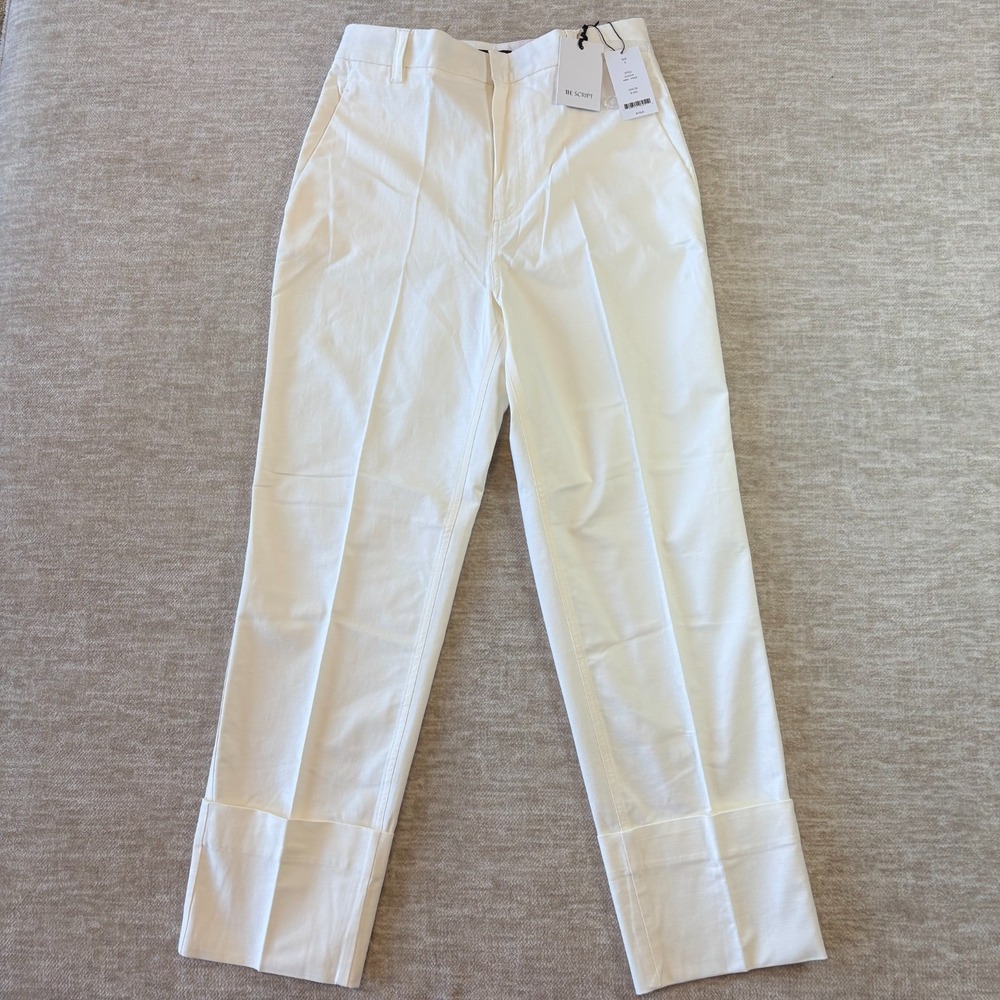NWT THE SCRIPT Claudia Cropped Cuffed High Waist Pants Linen Blend Ivory‎ Size 8